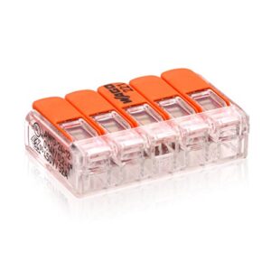 Transparente 221-415 WAGO Verbindungsklemme mit 5 Anschlussmöglichkeiten und orangefarbenem Betätigungshebel, ideal für elektrische Installationen.