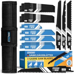 Effektwerk Säbelsägeblätter Set mit 32 hochwertigen Klingen für präzises Schneiden von Holz, Metall und Kunststoff, inklusive Tragetasche und Verpackung.