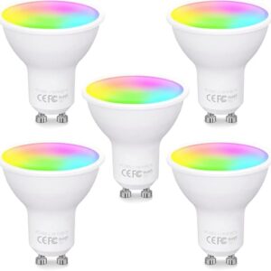 Fünf identische Fitop GU10 Alexa LED-Lampen mit Farbwechsel-Technologie in bunten Farben, ideal für smartes Licht und moderne Raumgestaltung.