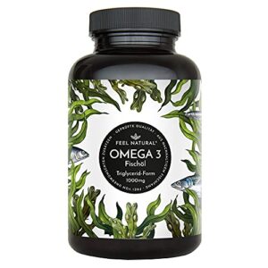 Schwarze Kunststoffflasche mit Omega 3 Kapseln, die eine tägliche Dosis von 1000 mg Fischöl und essentielle Fettsäuren EPA und DHA enthält. Die Verpackung ist ansprechend gestaltet mit maritimen Elementen.