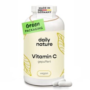 Hochdosiertes gepuffertes Vitamin C Nahrungsergänzungsmittel in kompostierbarer Dose mit 365 Kapseln, vegan, ohne Zusätze, hergestellt in Deutschland.