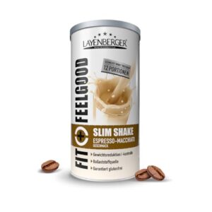 Layenberger Fit+Feelgood Slim Shake Powder in einer weißen Dose mit blauem Deckel, Geschmacksrichtung Espresso-Macchiato, idealer Mahlzeitersatz für eine gesunde Ernährung, enthält 12 Portionen mit jeweils 213 kcal.