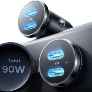 LISEN 90W Zigarettenanzünder USB C Verteiler für schnelles Laden von mobilen Geräten im Auto, mit zwei PD-Anschlüssen und digitale Anzeige.