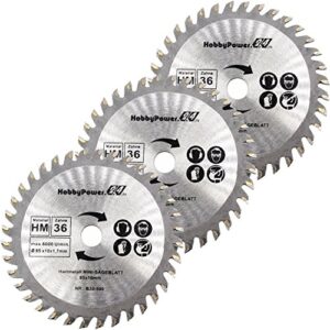 Drei hochwertige Mini-Sägeblätter mit 36 Zähnen und einem Durchmesser von 85 mm, ideal für präzise Schnitte in Holz und weichen Materialien.