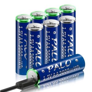 Mspalocell USB-C Lithium AA Akkus im blauen und grünen Design, 1,5V, 3600mWh, wiederaufladbare Batterien mit USB-C Ladeanschluss und geringer Selbstentladung.