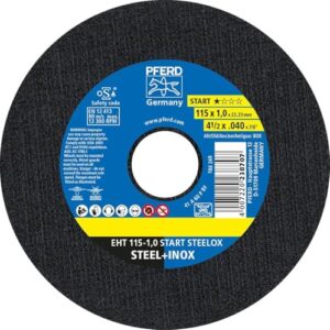 PFERD Trennscheiben Box mit 10 Trennscheiben 115 x 1,0 x 22,23 mm für präzises Schneiden von Stahl und Edelstahl, verpackt in einer schützenden Blechdose.