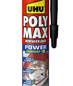 UHU POLY MAX Montagekleber POWER in schwarzer Kartusche, ideal für starke Verbindungen. Der Montagekleber bietet hohe Endfestigkeit und ist vielseitig einsetzbar für Innen- und Außenanwendungen.