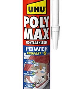 UHU POLY MAX Montagekleber POWER in weißer Kartusche, ideal für Heimwerkerprojekte, starke Endfestigkeit und vielseitige Anwendungsmöglichkeiten.