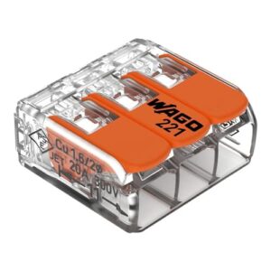 WAGO Verbindungsklemmen 221-413 mit transparentem Gehäuse und drei Hebeln für elektrische Verbindungen, geeignet für Leiter bis 4 mm².