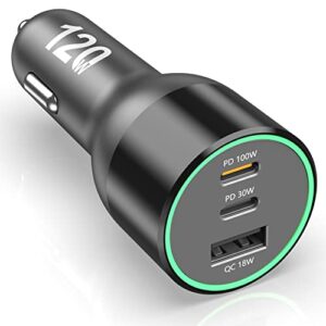 Zigarettenanzünder USB C 120W Autoladegerät mit zwei USB-C Anschlüssen und einem USB-A Anschluss für schnelles Laden von Smartphones und Laptops im Auto.