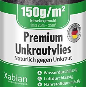 Rolle von Xabian Anti Unkrautvlies 150g/m², schwarz, für effektiven Unkrautschutz im Garten, 25m x 1m.